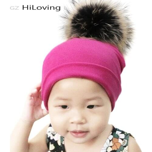 GZHilovingL Kids Real Fur Pompom Hat Baby Girls Boys Autumn Winter Soft Cotton Fabric Fur Ball Beanie Pom pom Hat Solid Baby Hat