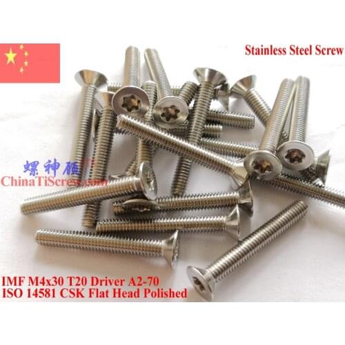 ISO 14581 Stainless Steel screws M4x30 Torx T20 Driver Flat CSK Head A2-70 Polished ROHS 100 pcs
