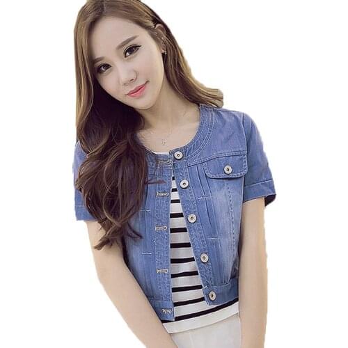 Jackets Denim Women 2021 Summer Fashion Short sleeve Jeans Woman Coats Slim Cotton Solid Jacket for Women Outerwear Ladies Coats