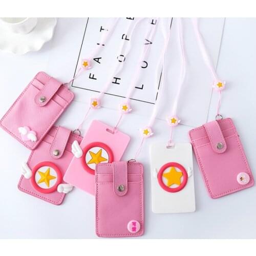 Cute Pink Girl Lanyard Card Holder Student Bus ID Card Protection Cover Women Star pattern Work Badge Identification Card Case