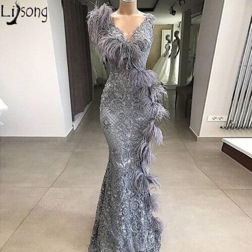 Elegant Gray Lace Mermaid Evening Dress 2020 Long V Neck Feathers Formal Prom Dresses Turkey Robe de soiree Women Party Gown