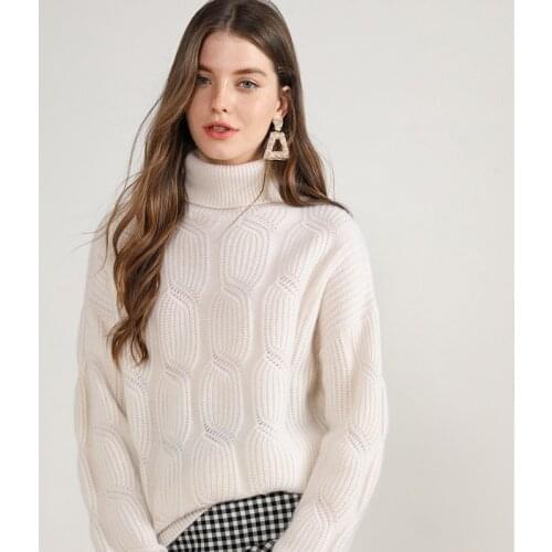 Cable Knitted Long Sleeve Pullovers Stylish Female Jumper Warm Winter Fashion 100% Cashmere Turtleneck Sweater Woman