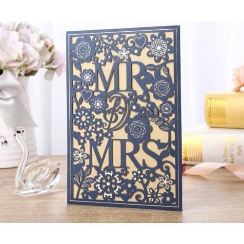50pcs Blue Laser Cut MR&MRS Wedding Invitations Card Elegant Greeting Cards Print Envelopes Wedding Event Party Favor Decoration