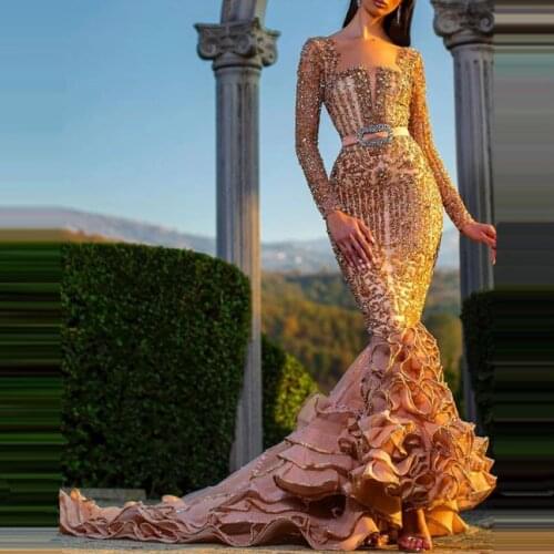 Formal Evening Dresses Long Sleeves Mermaid With Ruffles Saudi Arabian Beaded Appliques Prom Party Long Gowns