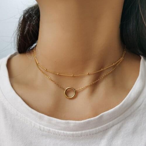 Vintage Round Circle Ring Charm Pendant Choker Necklace for Women Stainless Steel Satellite Rolo Chain Minimalist Collar DN273