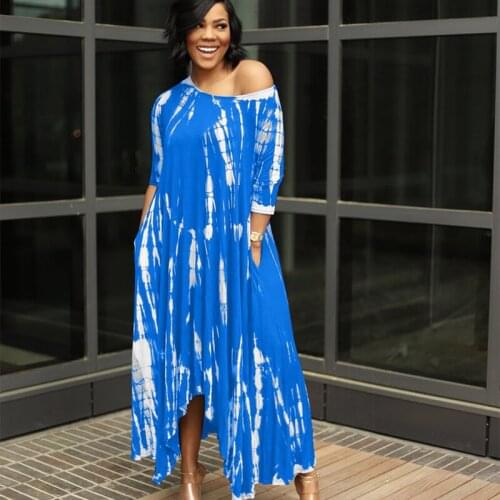 Womens Summer New Style Long Skirt Split Skirt Wide Neck Tie-dye Dress With Pockets Split Wide Neck New Plus Size Dress