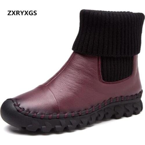 2019 Hand-stitched Winter Boots Real Leather Shoes Woman Snow Boots Flat Non-slip Comfort Soft Fashion Casual Shoes Women Boots