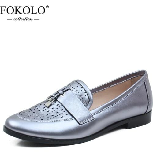 FOKOLO 2020 New Loafers Round Toe Genuine Leather Flat Shoes Women Spring and Autumn Fashion Handmade Sheepskin Ladies Shoes P16