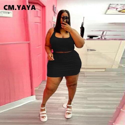 CM.YAYA Women Plus Size Set Solid Crop Tanks Tops Stretchy Mini Skirts Two 2 Piece Sets Casual Tracksuit Fashion Outfits Summer