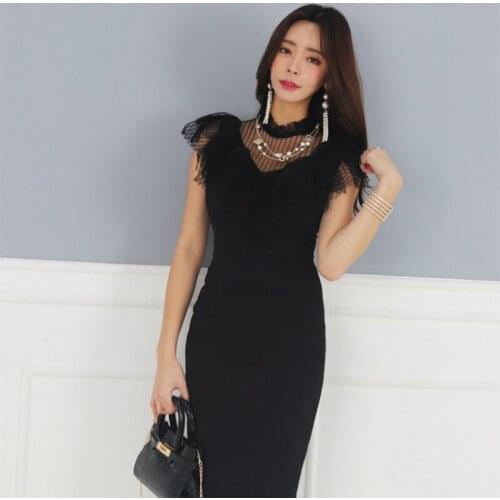 Black Mesh Patchwork Zipper See Through Summer Dresses for Women Stand Ruffle Wrap Dresses Woman Party Night Sheer Korean Dress