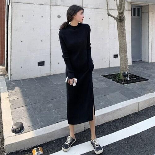 Winter Sweater Dresses Thick Knit Sexy Women Maxi Dress Side Slit Loose Long Party Dress Plus Size