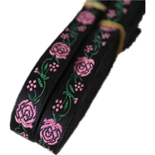 20yards/lot wide about 1.1cm Woven Jacquard Ribbon pink rose flowers pattern for curtain and clothing accessory LS-0082