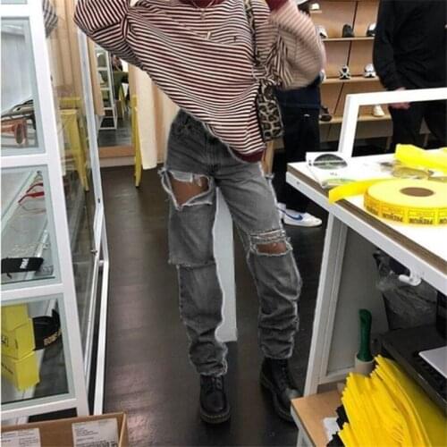 Spring Autumn Women Jeans Pants Hipster Vintage Jeans Streetwear Trousers Female Straight Pants Denim Ripped Hole Jeans Pants