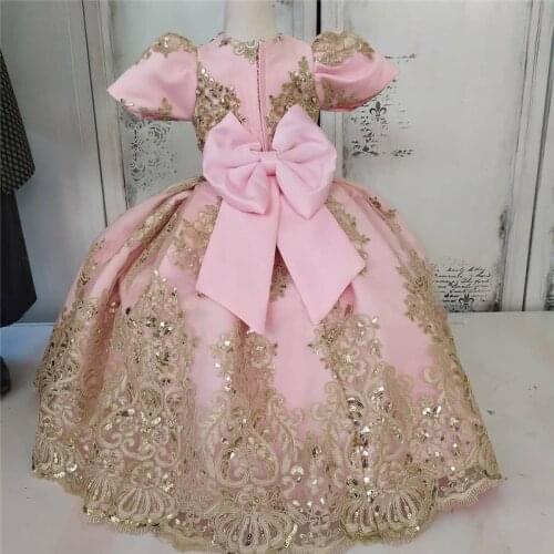 Champagne Lace Beads Pink Baby Girls Dresses with Big Bow O neck Long Kids Clothes Girls Party Dresses Birthday Gown