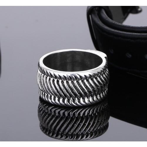 Ancient Silver color Fashion Tire Pattern Mens Buddha Chain Link Finger Ring Jewelry To Women Gifts Punk Biker Wide Chain Ring