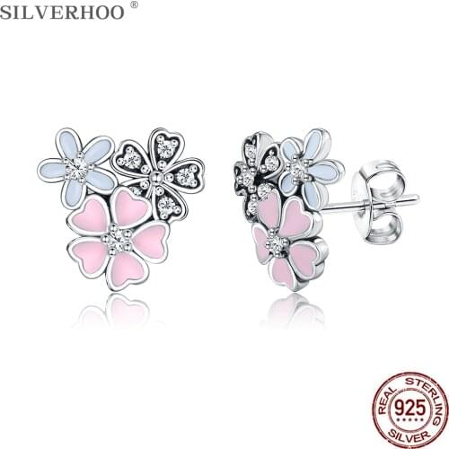 SILVERHOO 925 Sterling Silver Cherry Flowers Stud Earrings For Women Romantic Heart Petal Earring Original Silver Jewelry