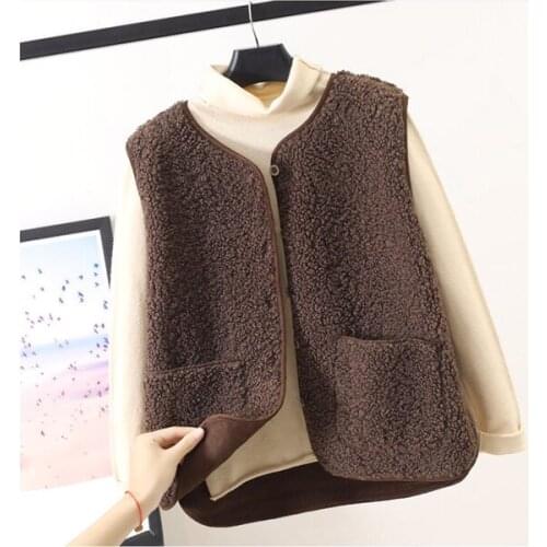 Coffee Lamb Wool Fur Furry Plush Vest Women Sleeveless Down Coat Tops Casual Short Outwear Waistcoat Parkas Jacket Coats Cloth