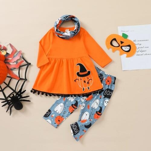 Girls Halloween Three-piece Clothes Set Orange Ruffle Pullover T-shirt Pumpkin Printed Pattern Pants and Neckerchief Outfit