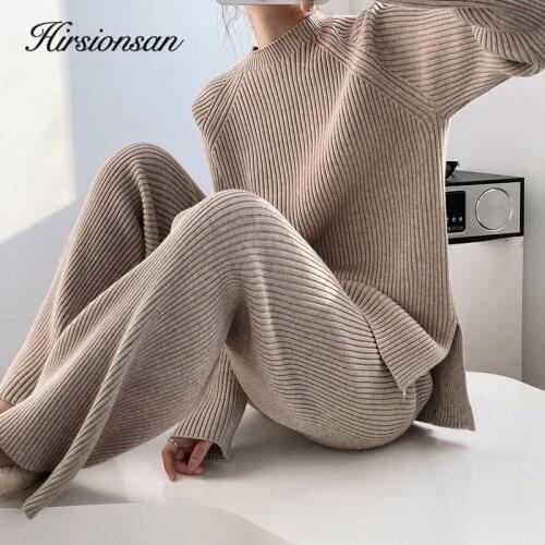 Hirsionsan Soft Cashmere Knitted Sets Women 2021 Autumn Winter Casual Two Pieces Sweater and Pants Outfits Solid Tracksuit Lady
