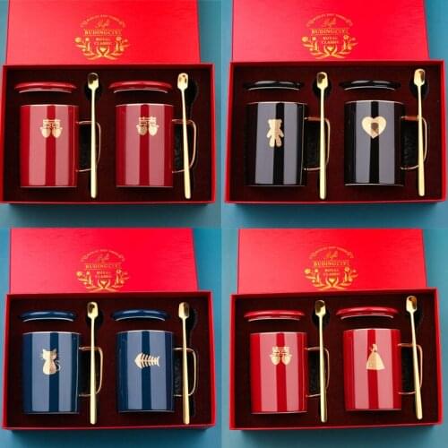 Creative Couple Wedding Cup with Spoon Lid Ceramics Mug Milk Water Tea Cup Drinkware Home Office Cup Lover Valentines Gift