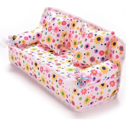 Mini Dollhouse Furniture Flower Cloth Sofa Couch With 2 Full Cushions For Girl Doll House Toys