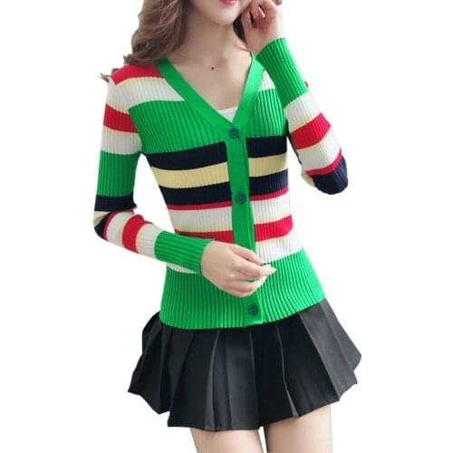 Fashion striped print Knit cardigan women spring thin short sweater coat female slim single-breasted casual tops jackets 3258