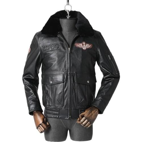 Mens The First Layer Cowhide Jacket A2 Air Force Flying Suit Large Size Winter Outdoor Riding Battle Hunting Coat Fur Collar