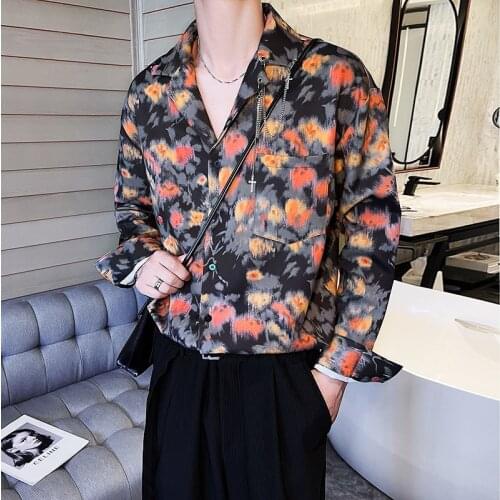 2021 Suit Collar Mens Shirt Autumn Long Sleeve Loose Art Flowers Shirts Male Streetwear Hip Hop Vintage Tuxedo Male Clothing
