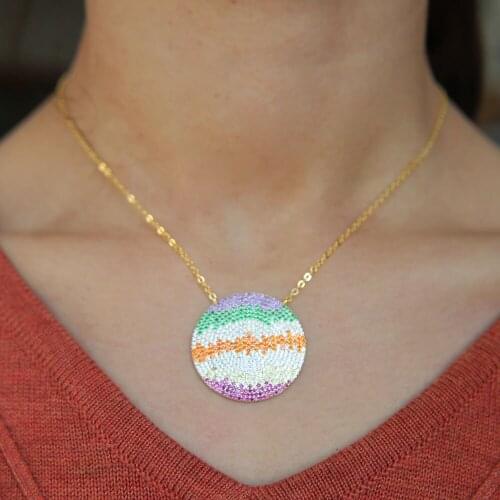 GOLD FILLED luxury women jewelry big geometric round pendant rainbow cubic zirconia EUROPEAN women micro pave necklace
