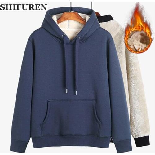 SHIFUREN Winter Warm Hoodies Pullover Men Fleece Sweatshirt Long Sleeve 100% Cotton Casual Hooded Hip Hop Jumpers Size S-XXXL