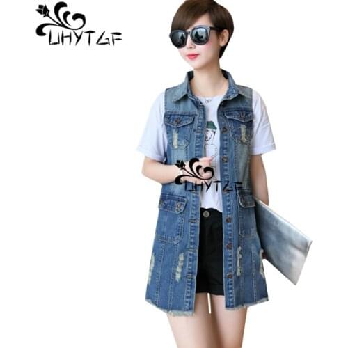 UHYTGF Sleeveless jacket women New fashion tassel Slim spring summer denim vest waistcoat Casual long open ladie jeans vest 1453