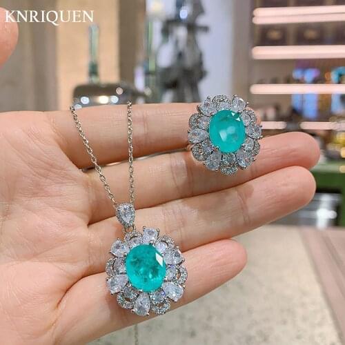 Vintage 925 Sterling Silver 10*12mm Paraiba Tourmaline Emerald Pendant Necklace Ring for Girlfriend Wedding Party Jewelry Sets