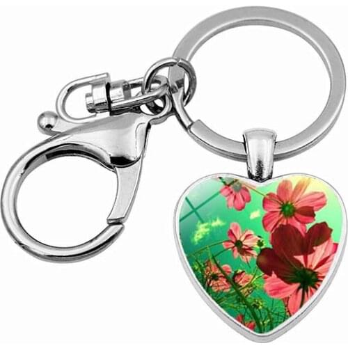 WG1pc Fashion Flowers Time Gem&stone Love Heart Keychain keyring Metal Cabochon Glass Key Chain Jewelry For Women Gift