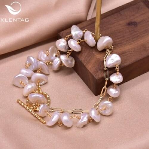 XlentAg Double Layered Natural White Baroque Pearls Bracelet For Women Angle Anniversary Women Best Friend Luxury Jewelry GB0926