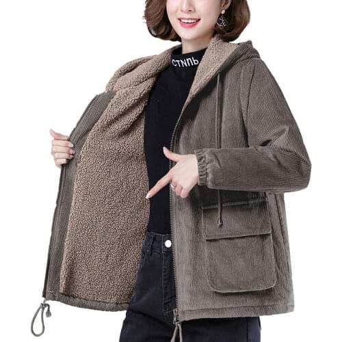 Women Corduroy Jacket Autumn Winter New Plus Size 5XL Loose Hooded Warm Plush Thicked Coat Female Short Cotton Outwear Y640
