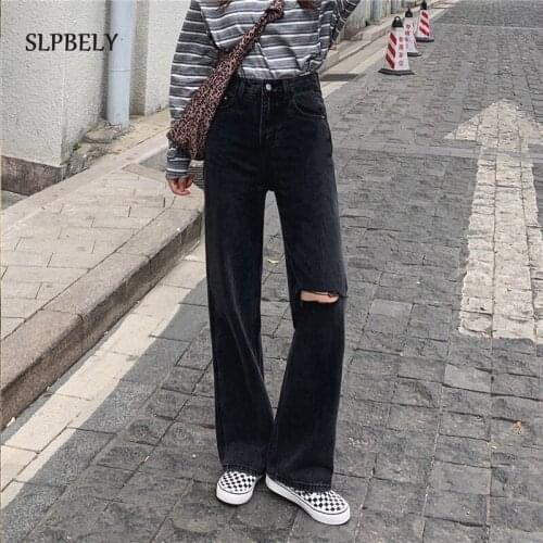 SLPBELY High Waisted Ripped Jean for Women Loose Vintage Hole Denim Pants Harajuku Straight Trousers Jeans Y2K Streetwear 2021