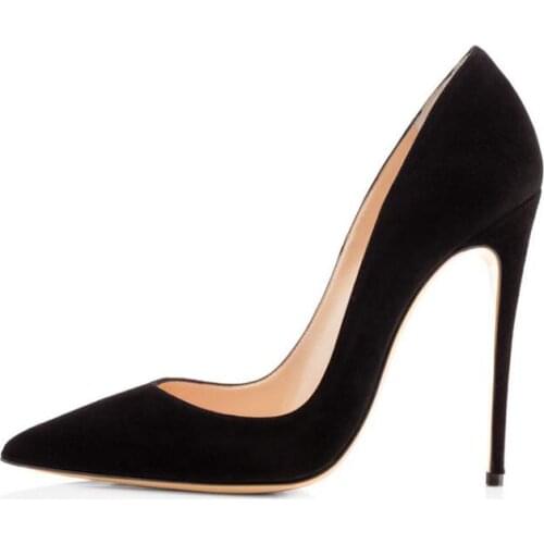 Moraima Snc Woman High Heel Shoes Pointed Toe Black Suede Thin Heels Woman Pumps Sexy 12CM Stiletto Party Shoes 35-43