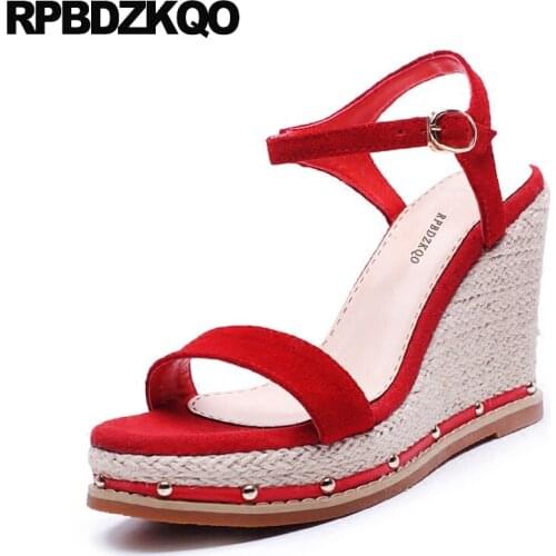 Strap platform shoes rivet suede espadrilles wedge pumps rope red fashion women sandals high heels genuine leather stud 2019