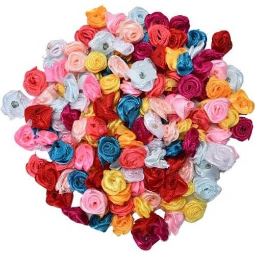 1x1cm100pcs Handmade Satin Rose Ribbon Rosettes Mini Fabric Flower Bow Appliques For Wedding Decoration Craft Sewing Accessories