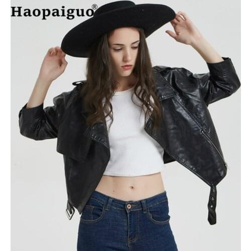 2019 Autumn Women Black Leather Jacket Solid Washed PU Coat Short Length Zipper Motorcycle Modis Ladies Basic Jacket with Sashes