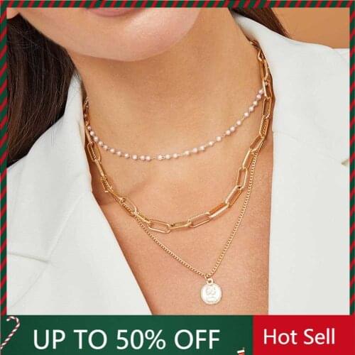 2021 Vintage Multi Layered Womens Necklaces Pearl Round Coin Female Necklaces Bohemia Fashion Long Pendant Necklace Jewelry