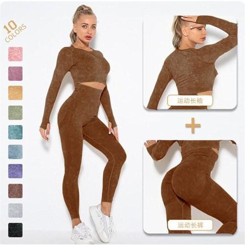 2021 Seamless Women Fitness Yoga Sets Female Sport Gym Running Fitness Workout Long Sleeve Crop Top Push Up Leggings Tracksuit