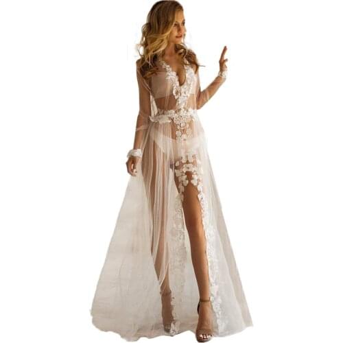 Bougainvillea lace wedding dress, tulle white transparent underwear robe, floor long photo shoot bridal dress