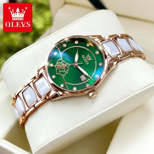 OLEVS Luxury Women Watch Camellia Quartz Swiss Movement 50M Waterproof Watch For Women Ceramics Women Wristwatch