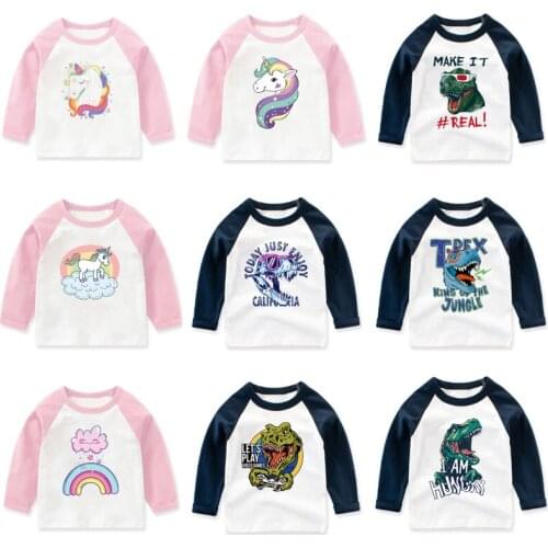 Cotton Boys Girls Long Sleeve T-shirt Kids Autumn Dinosaur Unicorn Cartoon Print Tops Children Spring Clothing
