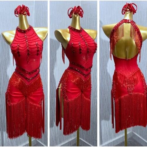 Latin dance dress competition fringe Latin dancewear for girls Latin dance costume with beads tube ChaCha dance dress GOODANPAR