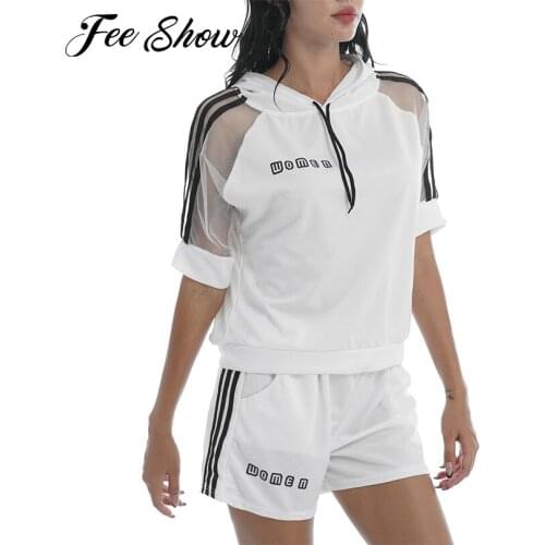 Summer Sexy Running Set Yoga Sport Suits Gym Fitness Tracksuits Women Sportswear Casual Hooded Hoodie T-shirt Top+Shorts Clothes