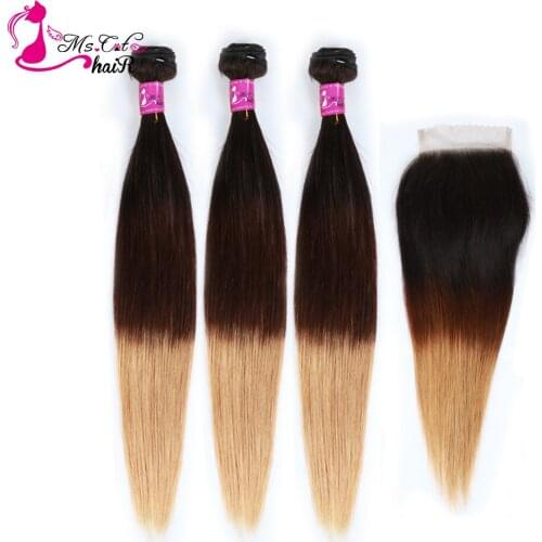 Ms Cat Hair Pre-Colored Brazilian Straight Ombre Hair Bundles With 4x4 Lace Closure 1B/4/27 Remy Human Hair 2/3 Ombre Hair Weave
