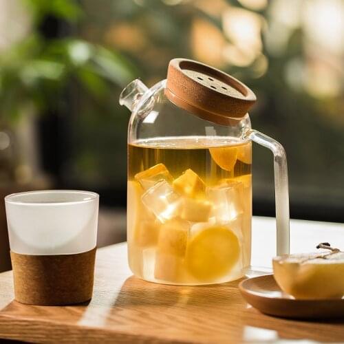 Creative Glass Cork Water Kettle Wooden Cover Flower Teapot Heat-Resistant Juice Cold Kettle With Cork Lid Coffee Pitcher
