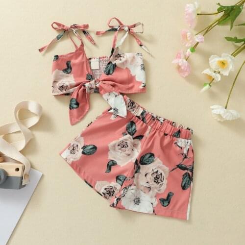 1-4 Years Girls Summr Casual Clothes Set Dark Pink Floral Printed Deep V-neck Camisole and Elastic Waist Shorts